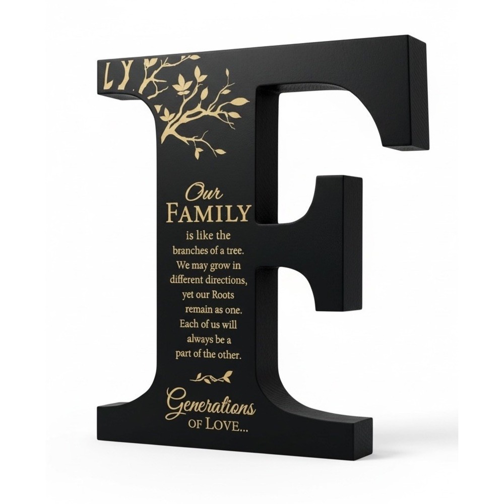 Family Letter F Wood Sign Black Gold Quote Tabletop or Wall Decor USA Made 12"